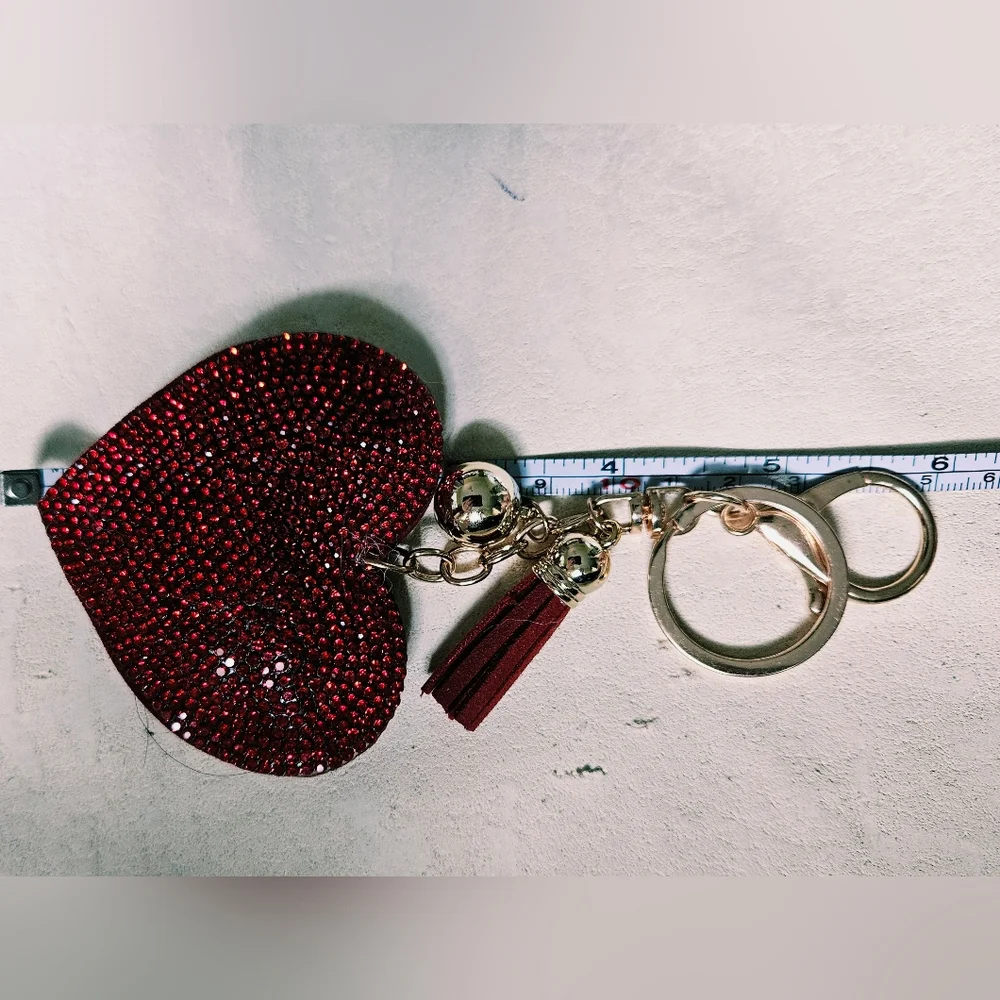 Red Rhinestone Bling Heart Keychain Purse Charm with Tassel & Gold Ball -16